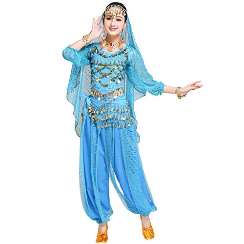 Haodasi Damen Frauen Bauchtanz Kostüm Halloween Karneval Indien Arabisch Tanzen Performance Outfits (Blau,Fit 45-70 KG) von Haodasi