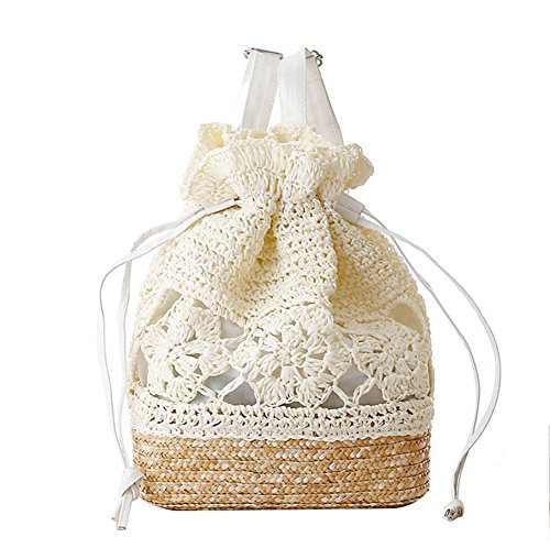 Haodou Frauen Stroh Handtasche Reine Hand Blume Häkeln Papierseil Rucksack Stroh Strandtasche Böhmen Rattan Tasche zum Strand Reise (weiß) von Haodou