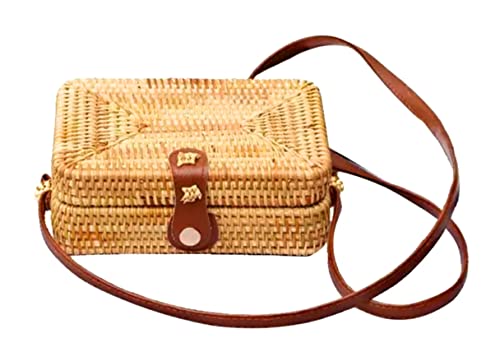 Haodou Stroh Handtasche Frauen Stroh Strandtasche Gelb Rattan Tasche Schnalle Stil Böhmen Handgefertigt Stroh Crossbody geflochtene Tasche zum Strand Reise (quadratisch-19 * 13 * 6.5cm) von Haodou