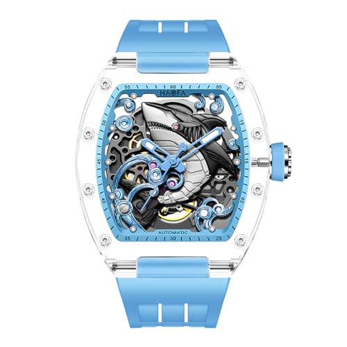 Haofa 3D-Geschnitzte Hai-Mechanische Uhr für Herren, automatische, Hohle, transparente Glasgehäuseuhr, wasserdichte, leuchtende Herrenuhr 2322 Blau von Haofa