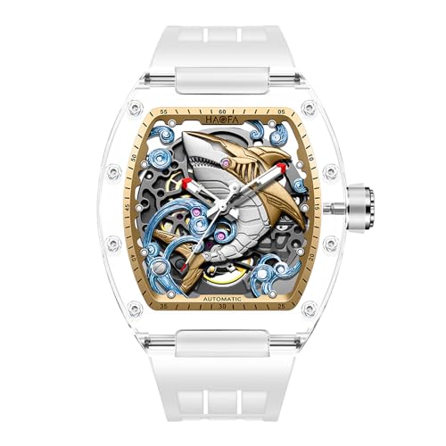 Haofa 3D-Geschnitzte Hai-Mechanische Uhr für Herren, automatische, Hohle, transparente Glasgehäuseuhr, wasserdichte, leuchtende Herrenuhr 2322 Weiß von Haofa