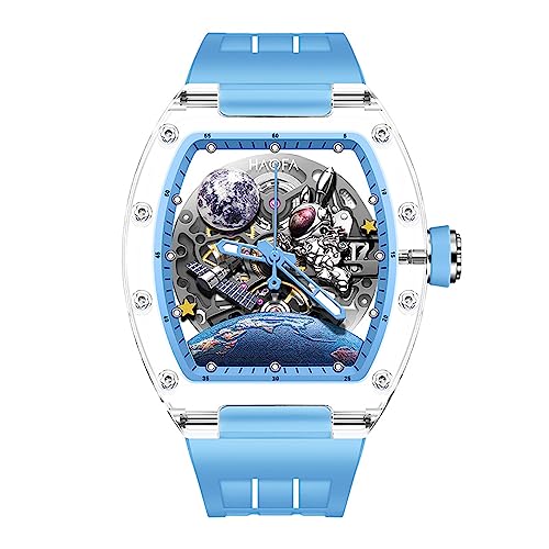 Haofa 3D Interstellar Spaceship Mechanische Uhr für Männer automatisch Hohle transparente Glas Hülle wasserdichte leuchtende Mond Kaninchen Männer Watch Casual Mode 2320 Blau von Haofa