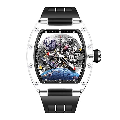 Haofa 3D Interstellar Spaceship Mechanische Uhr für Männer automatisch Hohle transparente Glas Hülle wasserdichte leuchtende Mond Kaninchen Männer Watch Casual Mode 2320 Schwarz von Haofa