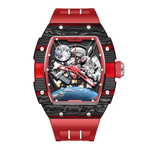 Haofa Automatische Kohlefaser 3D Mond Kaninchen Raumschiff Mechanische Uhr für Männer Hohl Wasserdicht Leuchtende Männer Uhr Lässige Mode 1986 Rot von Haofa