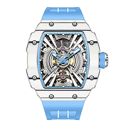 Haofa Automatische Mechanische Herrenuhr Skeleton Carbon Fiber Uhr Leuchtend Wasserdicht Business Sport Automatikuhr für Herren 1906 Blau Weiß von Haofa