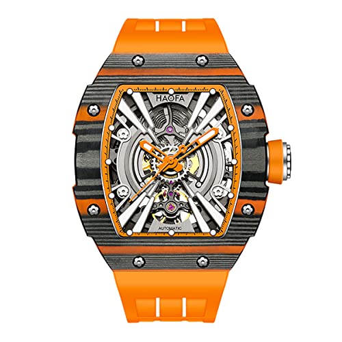 Haofa Automatische Mechanische Herrenuhr Skeleton Carbon Fiber Uhr Leuchtend Wasserdicht Business Sport Automatikuhr für Herren 1906 Orange von Haofa