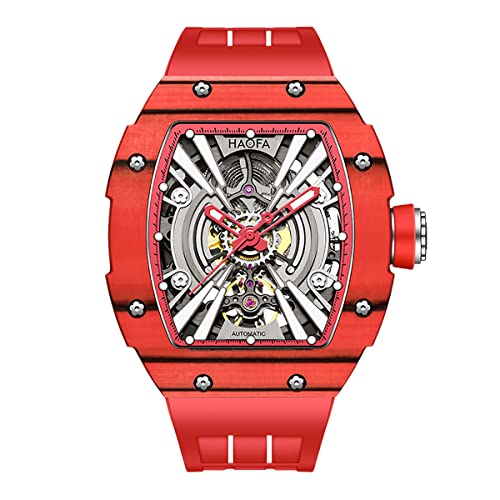 Haofa Automatische Mechanische Herrenuhr Skeleton Carbon Fiber Uhr Leuchtend Wasserdicht Business Sport Automatikuhr für Herren 1906 Rot von Haofa