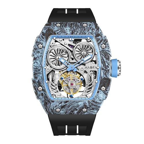 Haofa Automatische Tourbillon Herrenuhr Skelett Mechanische Uhren Kohlefaser Sapphire wasserdichte Freizeitwache für Männer Blau 1922 von Haofa