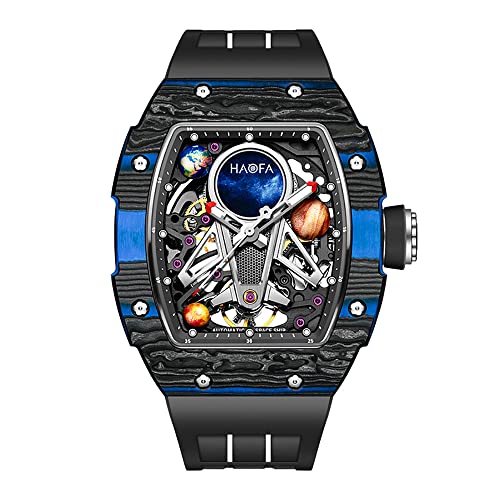 Haofa Automatische mechanische Uhr für Herren 3D Planet Interstellar Hollow Watch Kohlefaser Lünette Saphir wasserdicht Leuchtend Herrenuhr Business Casual Watch 1971 Blau Schwarz von Haofa