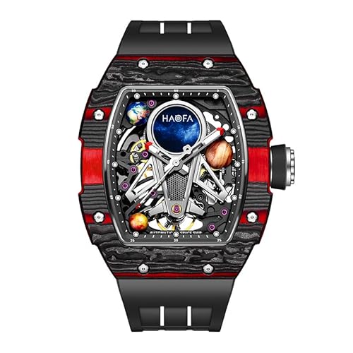 Haofa Automatische mechanische Uhr für Herren 3D Planet Interstellar Hollow Watch Kohlefaser Lünette Saphir wasserdicht Leuchtend Herrenuhr Business Casual Watch 1971 Rot Schwarz von Haofa