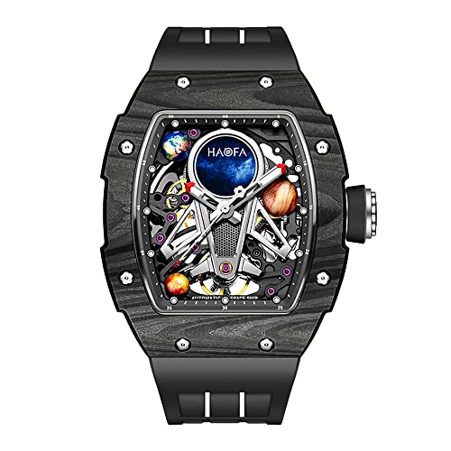 Haofa Automatische mechanische Uhr für Herren 3D Planet Interstellar Hollow Watch Kohlefaser Lünette Saphir wasserdicht Leuchtend Herrenuhr Business Casual Watch 1971 Schwarz von Haofa