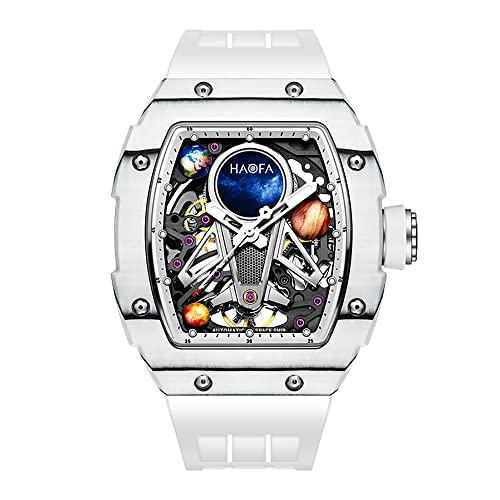 Haofa Automatische mechanische Uhr für Herren 3D Planet Interstellar Hollow Watch Kohlefaser Lünette Saphir wasserdicht Leuchtend Herrenuhr Business Casual Watch 1971 Weiß von Haofa