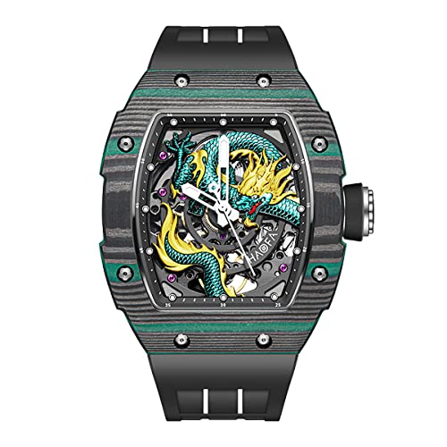 Haofa Automatische mechanische Uhr für Herren 3D geschnitztes Drachenzifferblatt Saphir wasserdichte leuchtende Uhr 80H Gangreserve Luxus-Skelett-Herrenuhr 1968N Grün Schwarz von Haofa