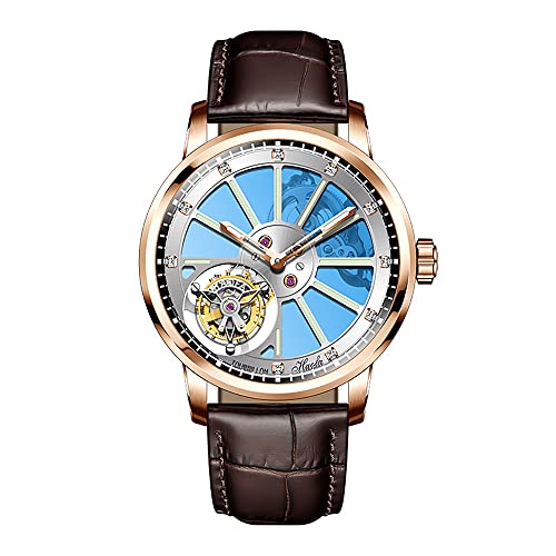 Haofa Flying Tourbillon Uhren für Herren Luxus-Doppelskelett-Uhrwerk Saphir leuchtende Diamantskala Manuelle mechanische Armbanduhr Leichte Business-Uhr 1925A Roségold Blau von Haofa