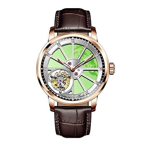 Haofa Flying Tourbillon Uhren für Herren Luxus-Doppelskelett-Uhrwerk Saphir leuchtende Diamantskala Manuelle mechanische Armbanduhr Leichte Business-Uhr 1925A Roségold-Grün von Haofa