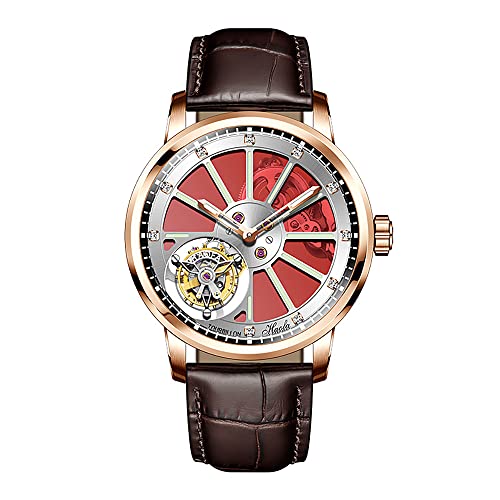 Haofa Flying Tourbillon Uhren für Herren Luxus-Doppelskelett-Uhrwerk Saphir leuchtende Diamantskala Manuelle mechanische Armbanduhr Leichte Business-Uhr 1925A Roségold Rot von Haofa