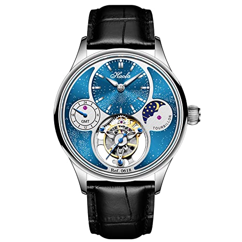 Haofa GMT Tourbillon Uhr für Männer Starry Sky Dial Moon Phasen Sapphire wasserdichte Luxusgeschäftshandbuch mechanische Uhr Silber 0618 von Haofa