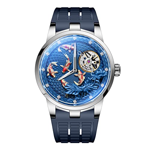 Haofa Karussell Schwungrad Mechanische Herrenuhr Doppelfeder Antrieb 3D Geschnitzte Koi Lotus Diamantbesetzte Mechanische Uhr Manuelle Business Casual Lotus Carp Uhr für Herren 1951 Blau von Haofa