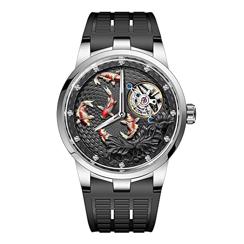 Haofa Karussell Schwungrad Mechanische Herrenuhr Doppelfeder Antrieb 3D Geschnitzte Koi Lotus Diamantbesetzte Mechanische Uhr Manuelle Business Casual Lotus Carp Uhr für Herren 1951 Schwarz von Haofa