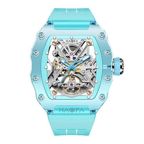 Haofa Kristall Automatische Mechanische Uhr für Herren Luxus Farbige Hohluhr Wasserdicht Leuchtend Selbstaufzug Herrenuhr 72 Gangreserve 2203 Blau von Haofa