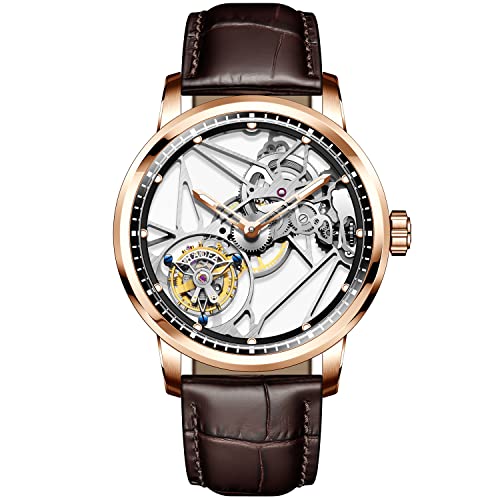 Haofa Manuelle Fliegende Tourbillon-Uhr für Herren, Doppelskelett-Uhrwerk, Saphir, Leuchtend, wasserdicht, hohl, mechanisch, Luxus-Herrenuhr 1925B Roségold von Haofa