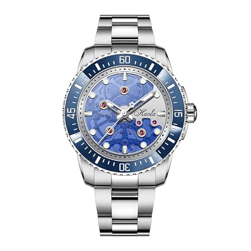 Haofa Mechanische Uhr für Herren, hohl, automatisch, mechanisch, Leuchtend, wasserdicht, Saphir, Trenduhr mit Stahlband, einfache Business-Casual-Uhr für Herren Blau von Haofa