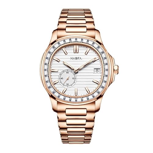 Haofa Mikrorotor Automatische mechanische Uhr für Herren 9,7 mm dünne zweite Scheibe Kalender Herrenuhr Zirkon Lünette Saphir Edelstahl leuchtende Uhr Business Casual 2290 Roségold Weiß von Haofa