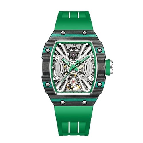 Haofa Mittlere Größe Automatische Herrenuhr Skeleton Mechanische Armbanduhren Karbonfaser Lünette Saphir wasserdichte Uhr für Herren 1906L Grün von Haofa