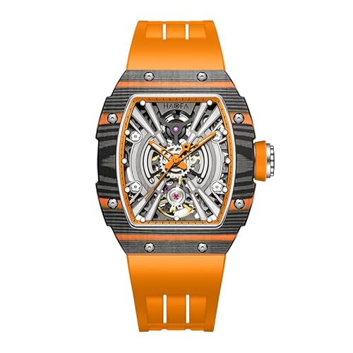 Haofa Mittlere Größe Automatische Herrenuhr Skeleton Mechanische Armbanduhren Karbonfaser Lünette Saphir wasserdichte Uhr für Herren 1906L Orange von Haofa