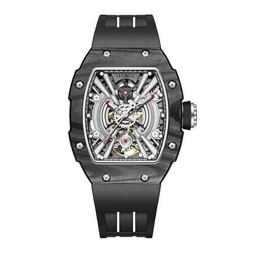 Haofa Mittlere Größe Automatische Herrenuhr Skeleton Mechanische Armbanduhren Karbonfaser Lünette Saphir wasserdichte Uhr für Herren 1906L Schwarz von Haofa