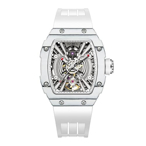 Haofa Mittlere Größe Automatische Herrenuhr Skeleton Mechanische Armbanduhren Karbonfaser Lünette Saphir wasserdichte Uhr für Herren 1906L Weiß von Haofa