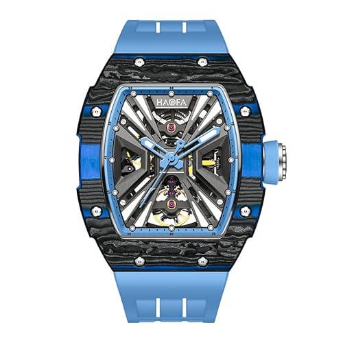 Haofa Skeleton Mechanische Uhr Kohlefaser Lünette Edelstahlgehäuse Saphir Wasserdicht Business Casual Uhr für Herren 1929 Blau von Haofa