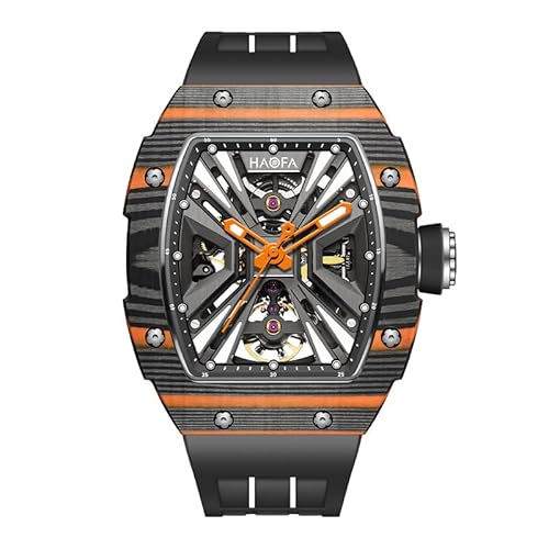 Haofa Skeleton Mechanische Uhr Kohlefaser Lünette Edelstahlgehäuse Saphir Wasserdicht Business Casual Uhr für Herren 1929 Schwarz Orange von Haofa