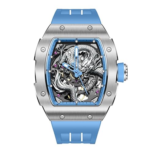 Haofa Skeleton Mechanische Uhr für Herren, 3D-Geschnitzte Drachen-Saphir-wasserdichte leuchtende Automatikuhr, 80H Gangreserve Luxus Herrenuhr 1968A Blau von Haofa