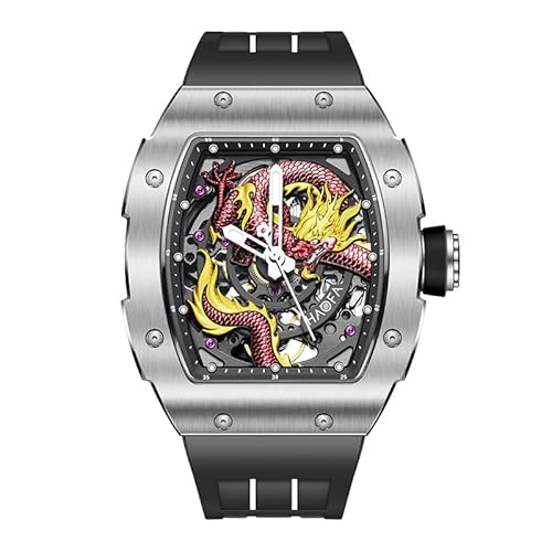 Haofa Skeleton Mechanische Uhr für Herren, 3D-Geschnitzte Drachen-Saphir-wasserdichte leuchtende Automatikuhr, 80H Gangreserve Luxus Herrenuhr 1968A Bunt von Haofa