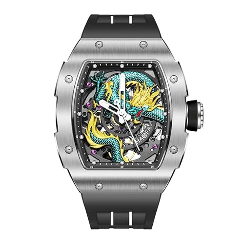 Haofa Skeleton Mechanische Uhr für Herren, 3D-Geschnitzte Drachen-Saphir-wasserdichte leuchtende Automatikuhr, 80H Gangreserve Luxus Herrenuhr 1968A Grün von Haofa