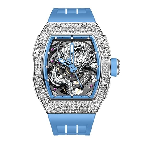 Haofa Skeleton Mechanische Uhr für Herren 80H Gangreserve 3D geschnitztes Drachenzifferblatt Diamantgehäuse Saphir wasserdichte leuchtende Automatikuhr Luxus-Herrenuhr 1968s Blau von Haofa