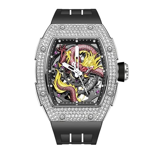 Haofa Skeleton Mechanische Uhr für Herren 80H Gangreserve 3D geschnitztes Drachenzifferblatt Diamantgehäuse Saphir wasserdichte leuchtende Automatikuhr Luxus-Herrenuhr 1968s Bunt von Haofa