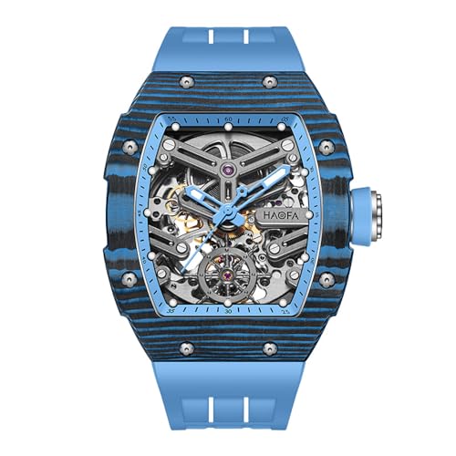 Haofa Skeleton automatische mechanische Herrenuhr, Kohlefaser-Uhr, leuchtende wasserdichte Business-Sport-Selbstaufzugsuhr für Herren, 1982 Blau von Haofa