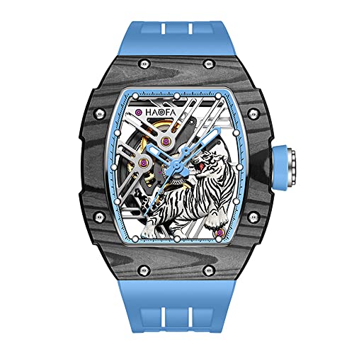 Haofa Skelett Automatische Mechanische Uhr für Männer Tiger Streifen Kohlefaser Lünette Uhr Saphir Leuchtend Wasserdicht Mens Business Casual Uhr 1973 Blau von Haofa