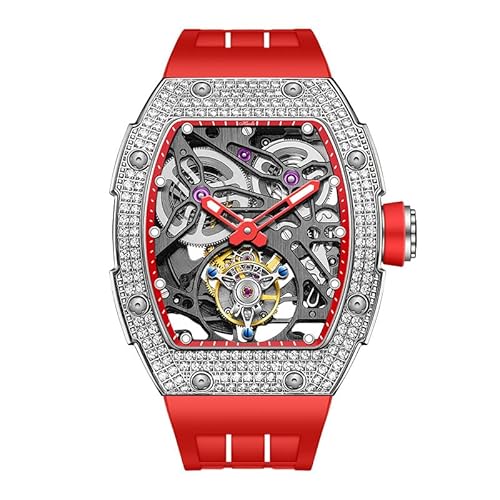 Haofa Tourbillon Uhr Luxus Tonneau Diamantgehäuse Skeleton Automatik Mechanische Uhr Saphir Wasserdicht Leuchtend Selbstaufzug Herrenuhr 1901-1S Rot von Haofa