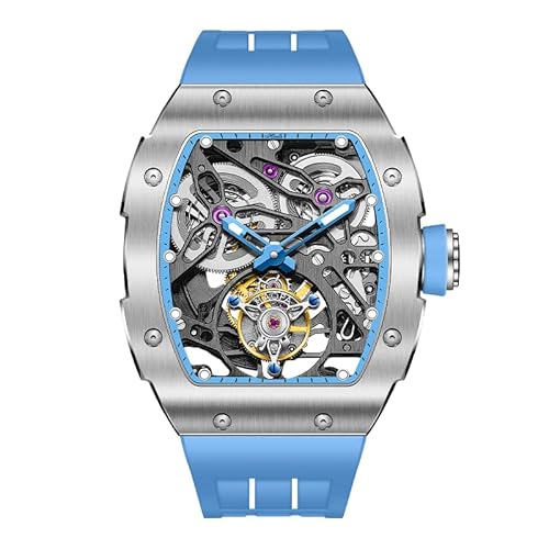 Haofa Tourbillon Uhr Skelett Mechanische Uhr Saphir Edelstahl Herrenuhr Wasserdicht Leuchtend Automatikuhren für Herren Tourbillon Uhren Herren 1908 Blau von Haofa