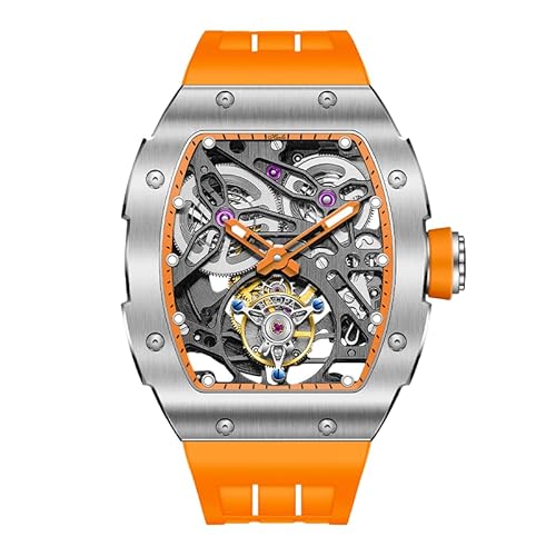 Haofa Tourbillon Uhr Skelett Mechanische Uhr Saphir Edelstahl Herrenuhr Wasserdicht Leuchtend Automatikuhren für Herren Tourbillon Uhren Herren 1908 Orange von Haofa