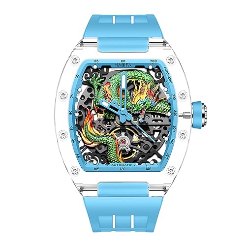 Haofa Transparente 3D-Drachen-Mechanische Uhr für Herren, Automatische Hohlglasgehäuseuhr, Wasserdicht, Leuchtend, Herrenuhr, Lässige Mode, 2321 Blau von Haofa