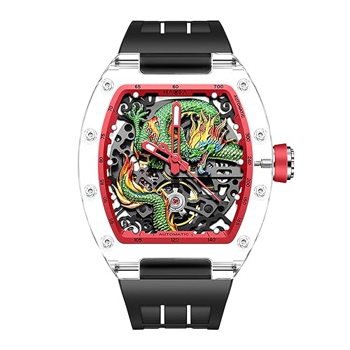 Haofa Transparente 3D-Drachen-Mechanische Uhr für Herren, Automatische Hohlglasgehäuseuhr, Wasserdicht, Leuchtend, Herrenuhr, Lässige Mode, 2321 Rot von Haofa