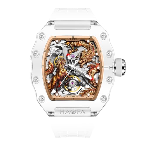 Haofa Transparenter Kristallspiegel, 3D-Drachenpferd, mechanische Uhr für Herren, automatisches Hohlglasgehäuse, wasserdicht, leuchtende Herrenuhr 2323 Gold von Haofa