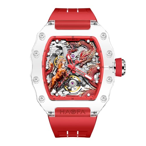 Haofa Transparenter Kristallspiegel, 3D-Drachenpferd, mechanische Uhr für Herren, automatisches Hohlglasgehäuse, wasserdicht, leuchtende Herrenuhr 2323 Rot von Haofa