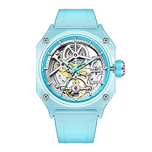 Haofa transparente Kristalluhr für Männer, Skelett automatische mechanische Quadratwache wasserdichte leuchtende Männer Armbanduhr Simple Light Fashion Watch 2208 Blau von Haofa