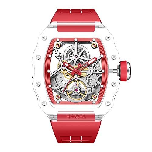 Haofa transparente Kristalluhr für Männer doppelseitige Hohle automatische mechanische Uhr 72 Stunden Stromreserve wasserdichte Luminher Herren Watch 2205 rot von Haofa