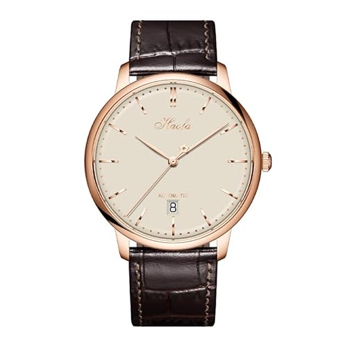 Haofa ultradünne automatische Herrenuhren, minimalistisch, leicht, mit Kalender, selbstaufziehend, wasserdicht, Saphir-Armbanduhr, Lederarmband 1606 Roségold beige Haofa ultradünne automatische Herrenuhren, minimalistisch, leicht, mit Kalender, selbstaufziehend, wasserdicht, Saphir-Armbanduhr, Lederarmband 1606 Roségold beige von Haofa